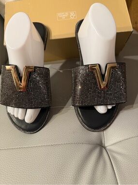 Black Rhinestone Slide Sandals with Gold V Accent
